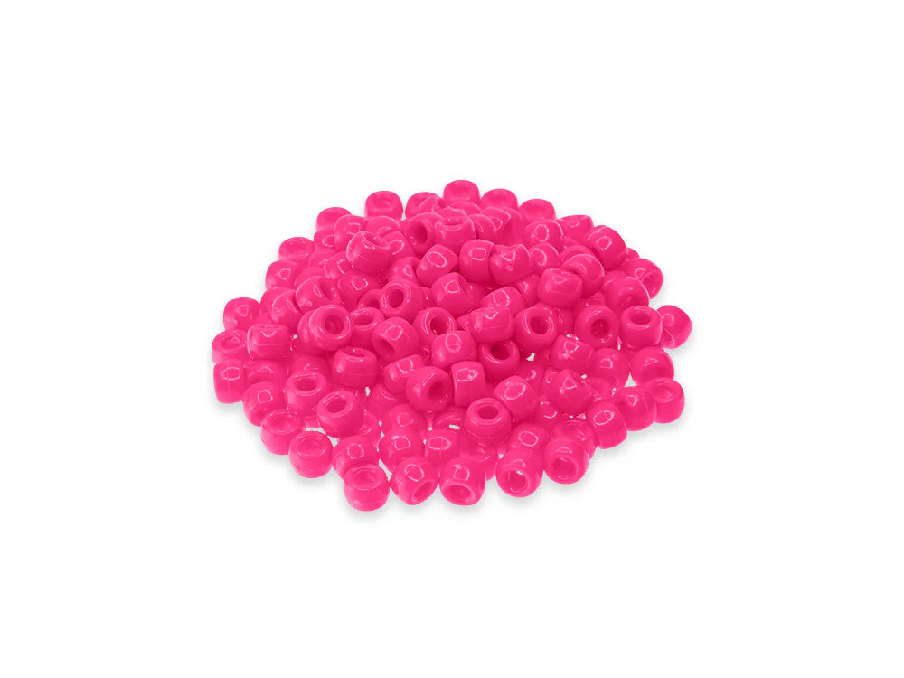 Pile of 6 x 9mm plastic pony beads in dark pink on a white background