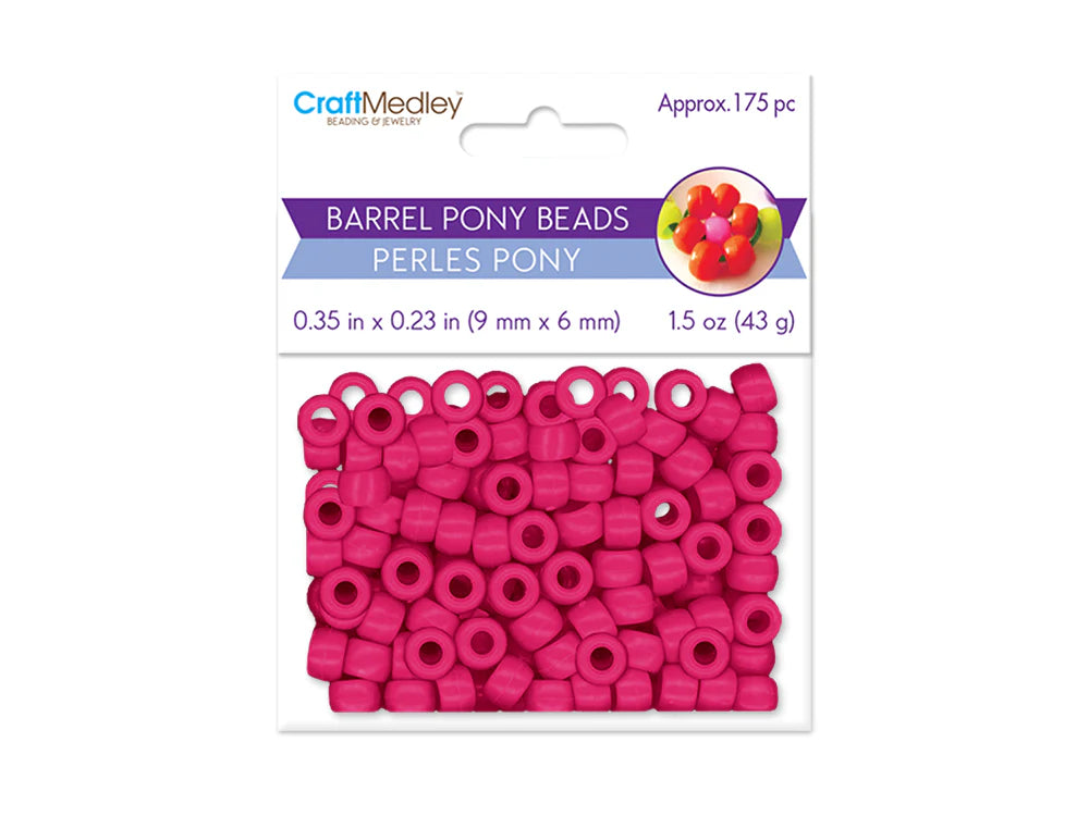 Sealed retail bag of 175 plastic 6 x 9mm pony beads in dark pink