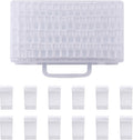 Empty clear bead storage case with a carry handle and rows of small flip-top containers
