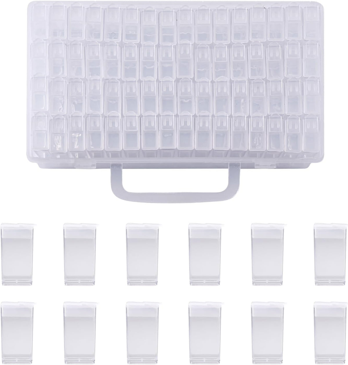 Empty clear bead storage case with a carry handle and rows of small flip-top containers