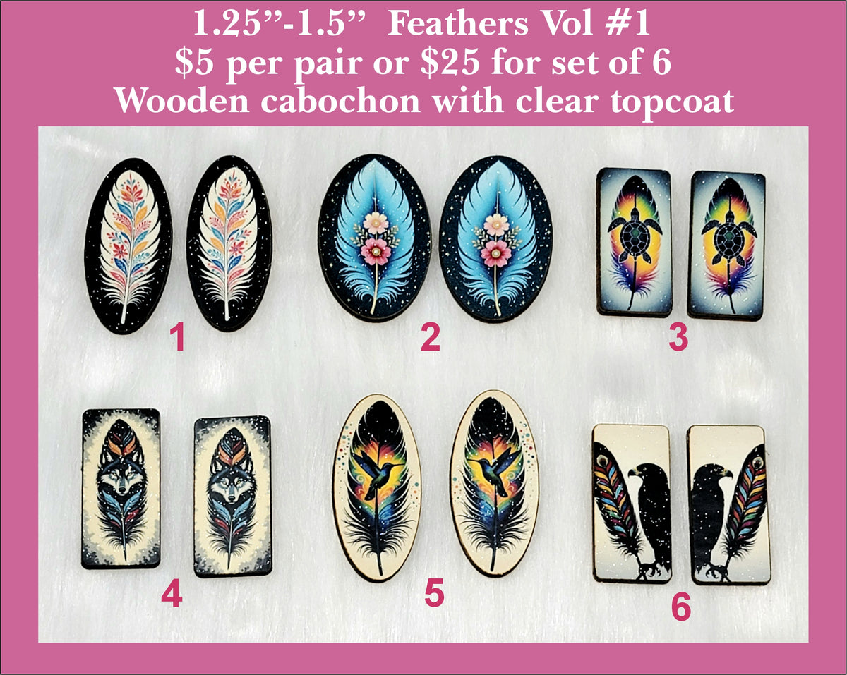 Six pairs of 1.25 to 1.5 inch cabochons (cabs) with feather and bird designs in mixed shapes