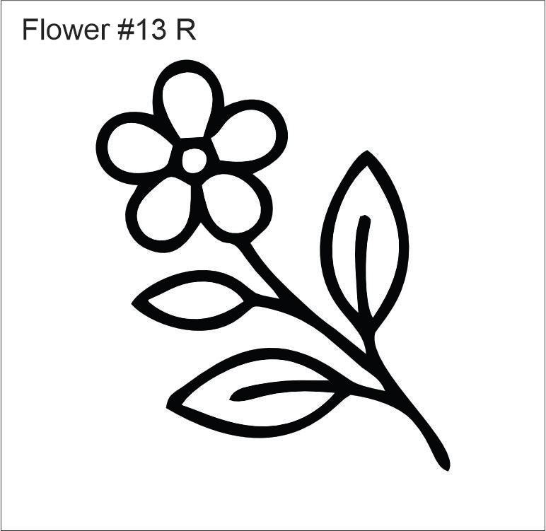 Line drawing of the right five-petal flowers on a leafy stem beading pattern, labelled 'Flower #13 R'