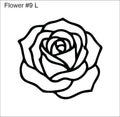Line drawing of the left open rose beading pattern, labelled 'Flower #9 L'