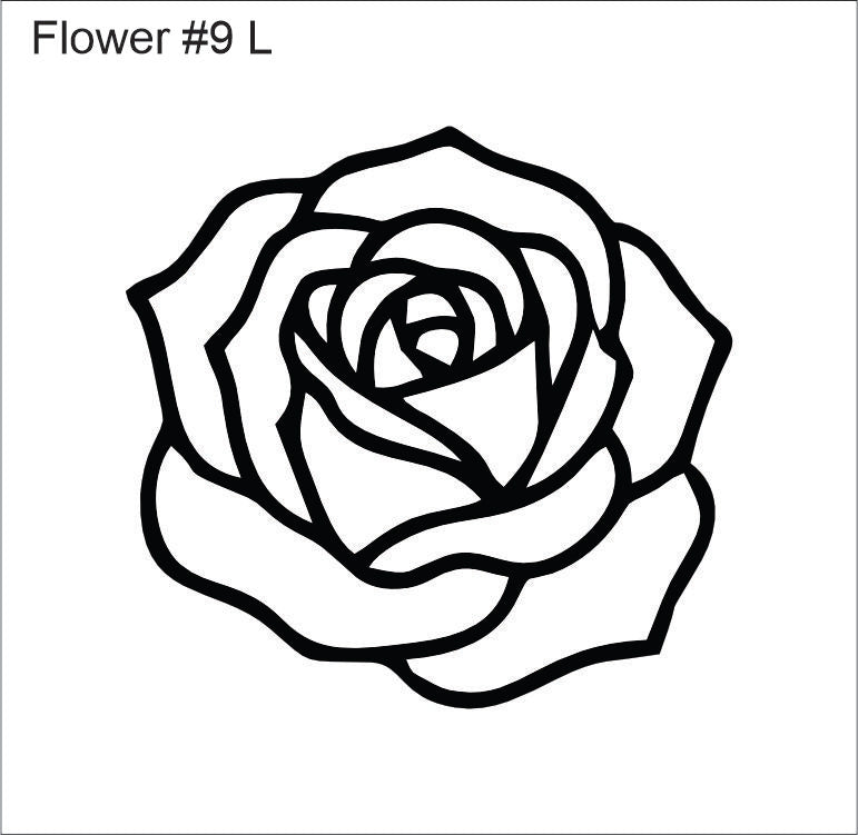 Line drawing of the left open rose beading pattern, labelled 'Flower #9 L'