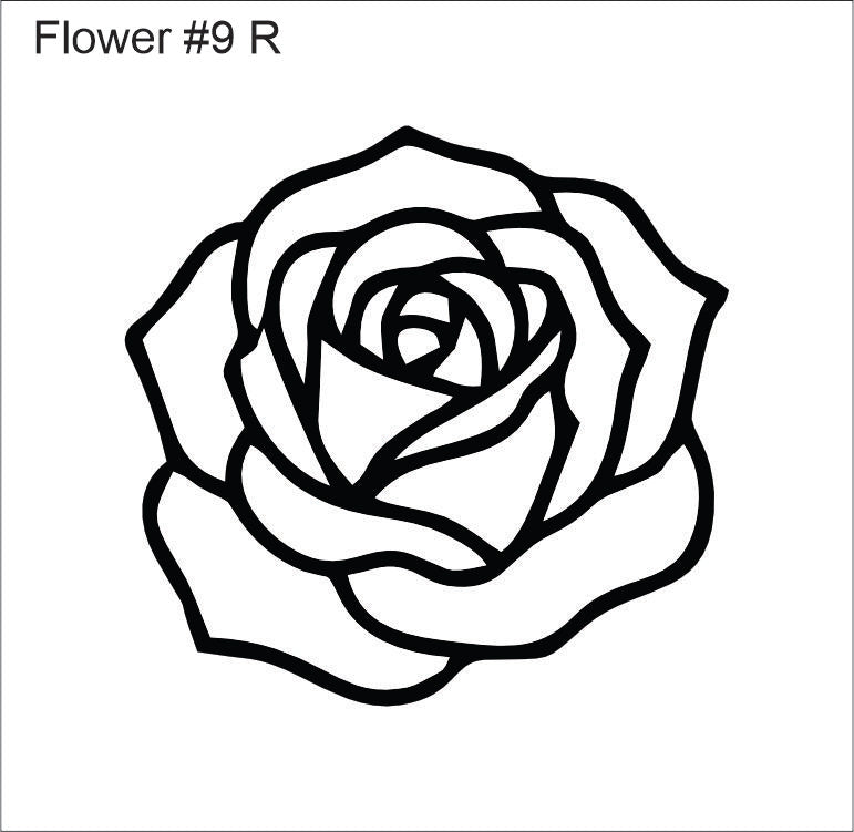Line drawing of the right open rose beading pattern, labelled 'Flower #9 R'