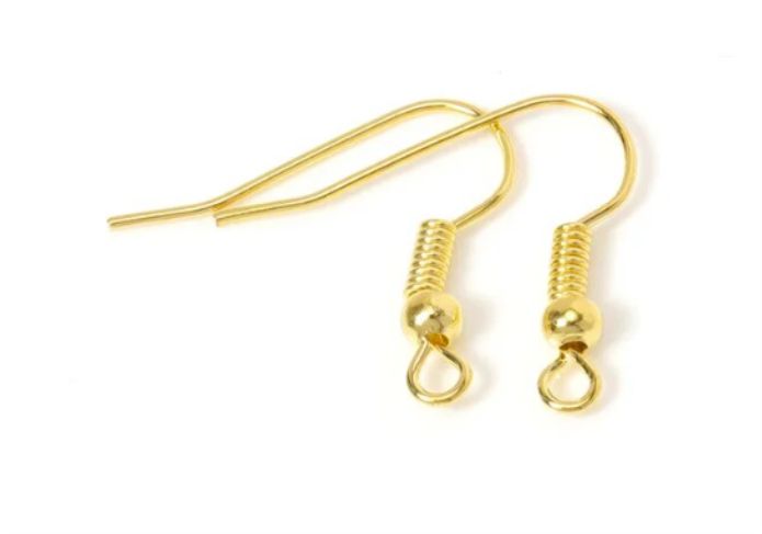 Pair of gold shepherd earring hooks with coil and bead on a white background