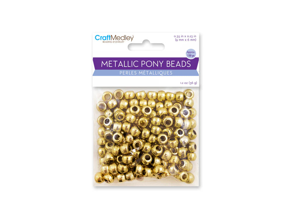 Sealed retail bag of 150 plastic 6 x 9mm pony beads in metallic gold