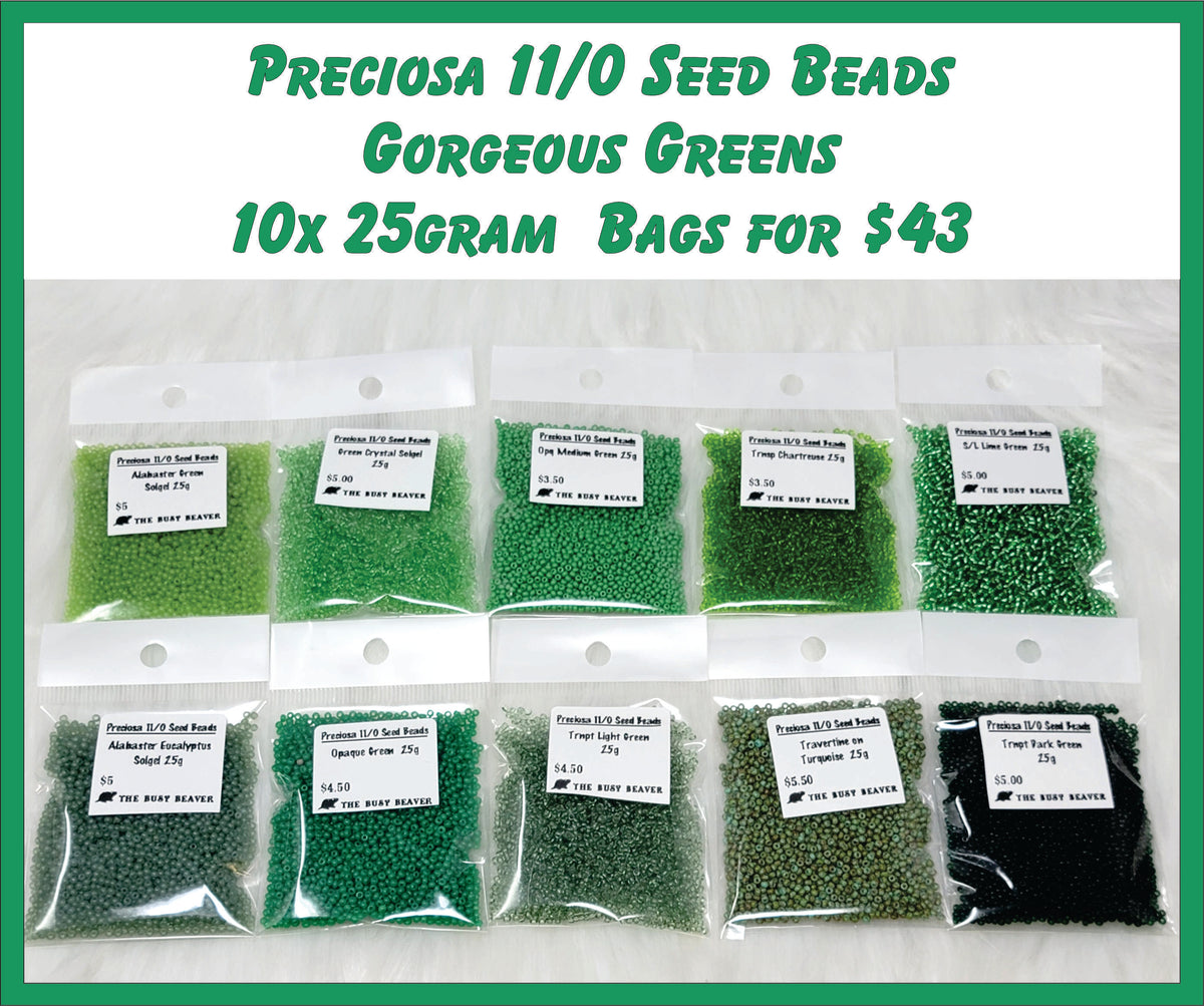 Ten 25g bags of Preciosa 11/0 seed beads in Gorgeous Greens, from lime and grass green to forest and near-black