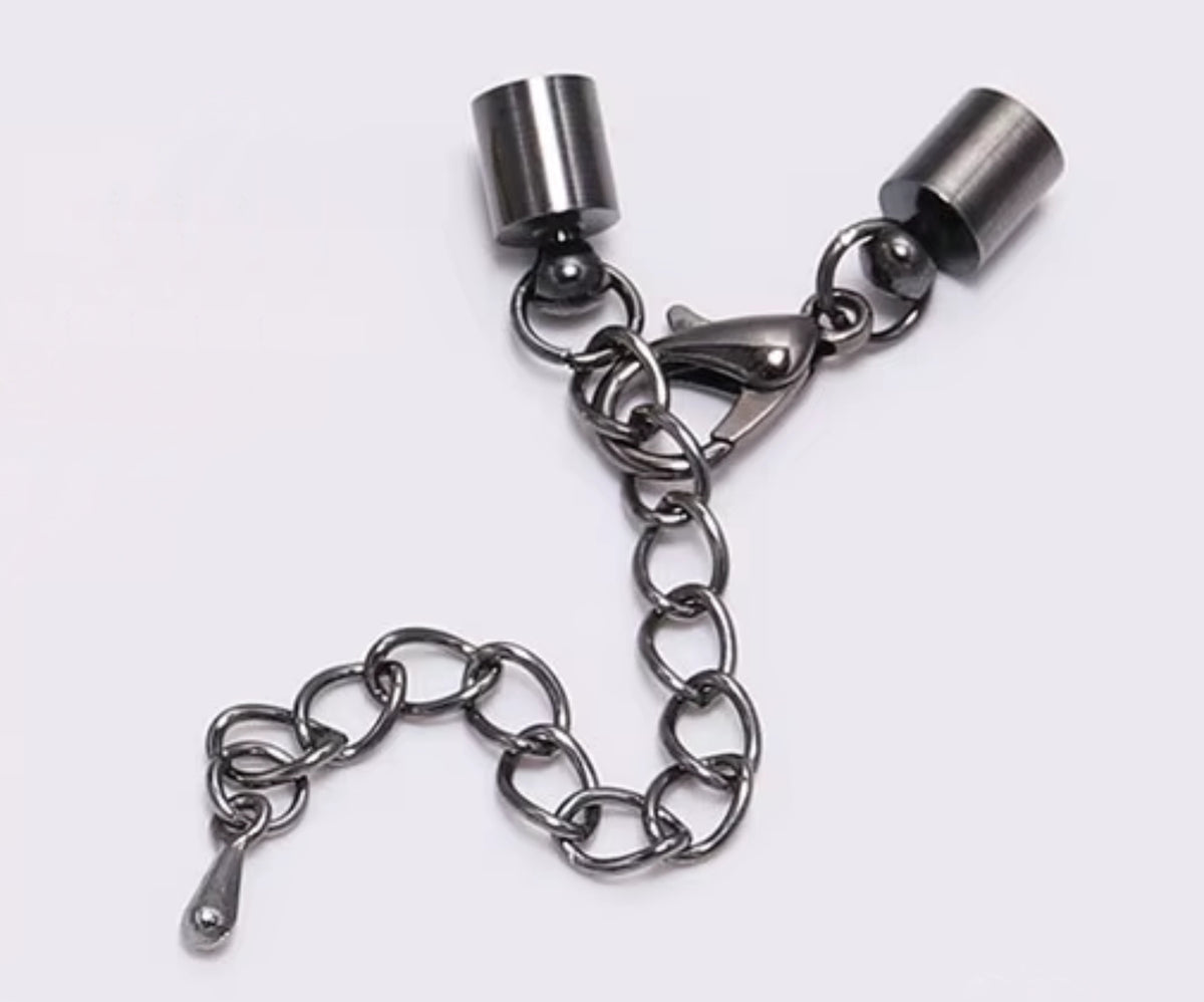 Gunmetal cord end clasp with a 4mm hole, lobster clasp and extender chain