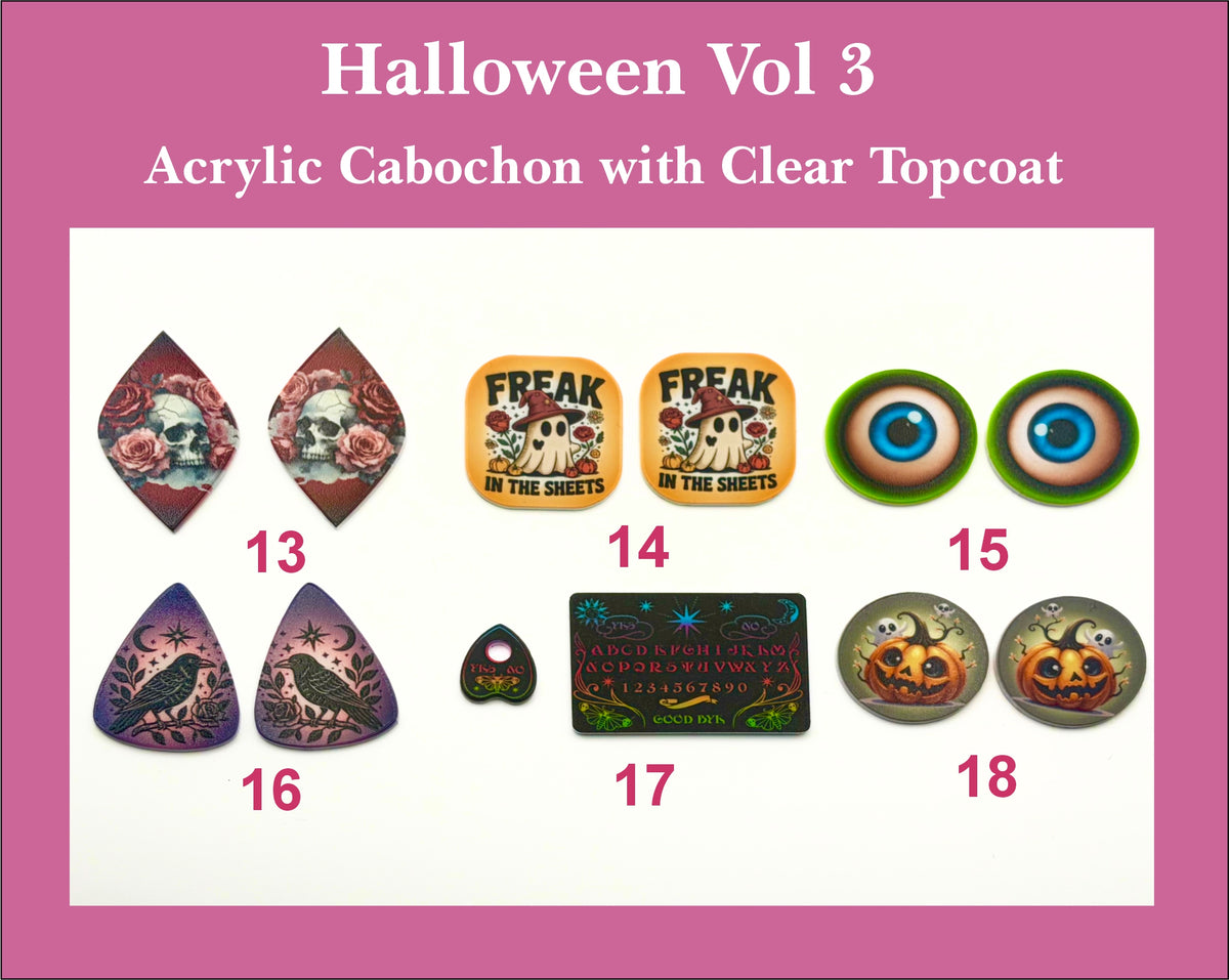 Halloween Vol 3 cabochons: rose skull, 'Freak in the Sheets' ghost, blue eyeballs, raven, spirit board, pumpkin