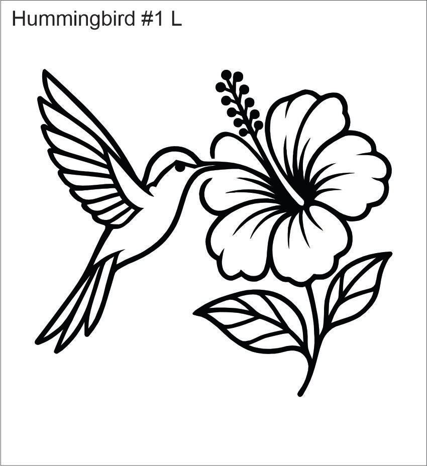 Line drawing of the left hummingbird with hibiscus beading pattern, labelled 'Hummingbird #1 L'