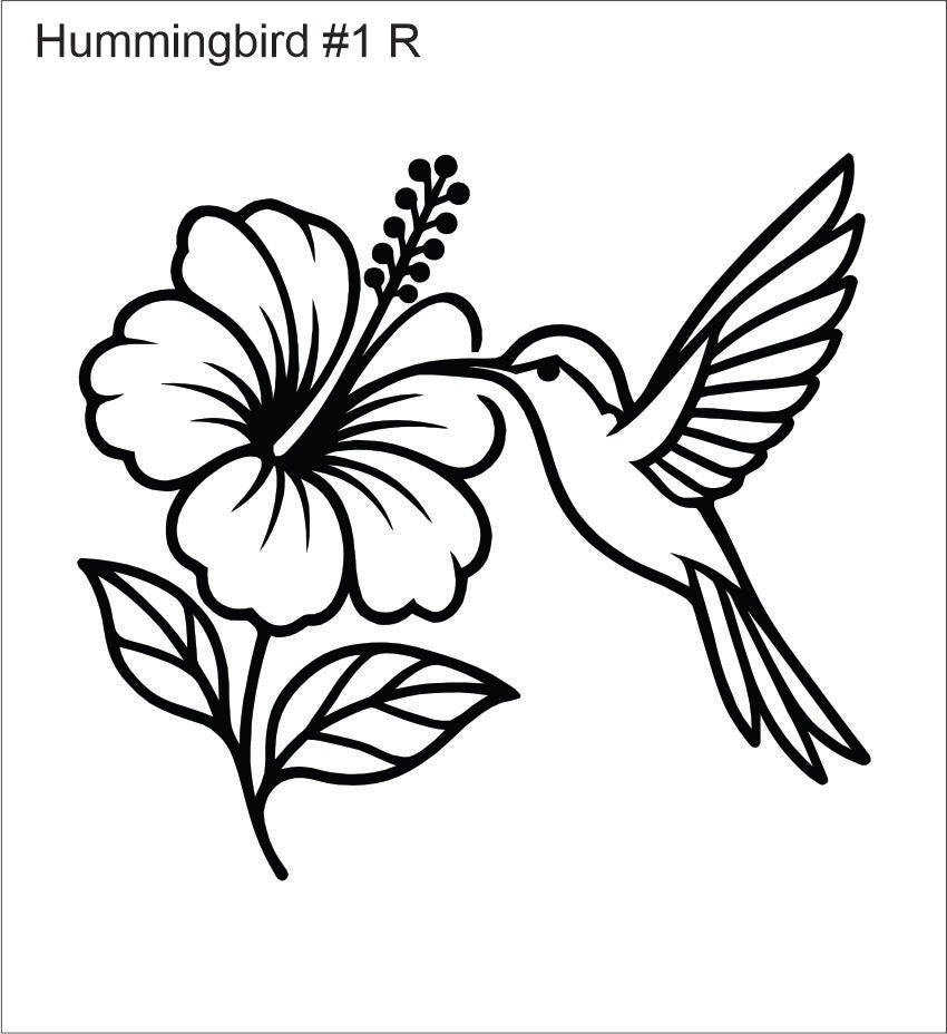Line drawing of the right hummingbird with hibiscus beading pattern, labelled 'Hummingbird #1 R'