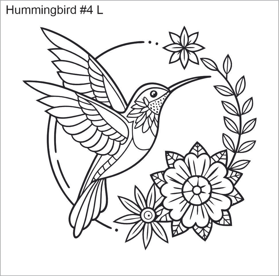 Line drawing of the left hummingbird in a floral wreath beading pattern, labelled 'Hummingbird #4 L'