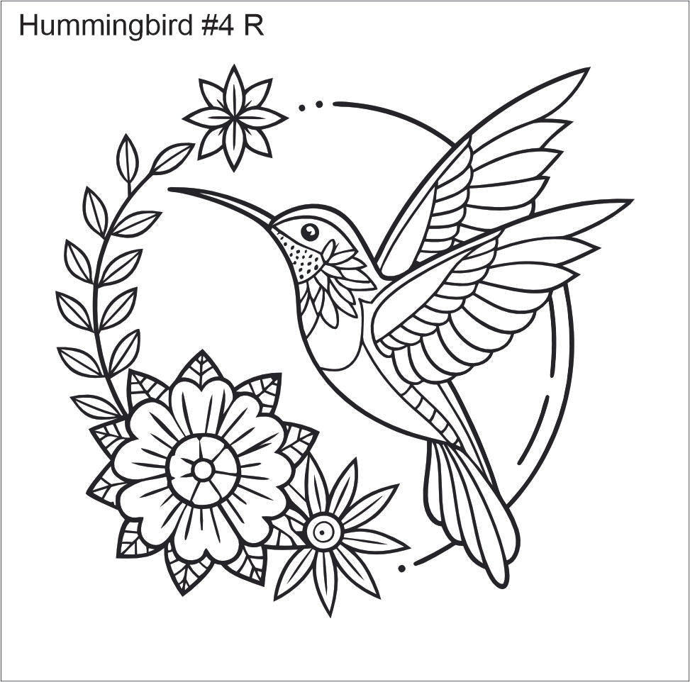 Line drawing of the right hummingbird in a floral wreath beading pattern, labelled 'Hummingbird #4 R'