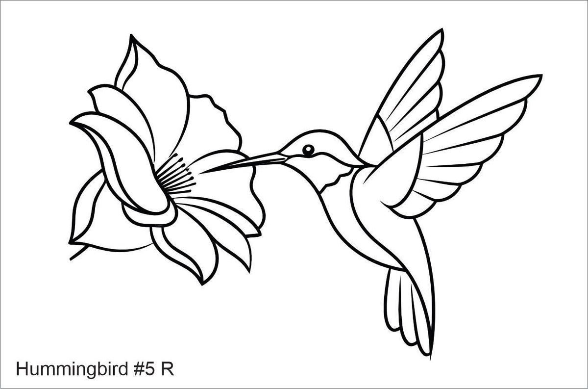 Line drawing of the right hummingbird with a lily beading pattern, labelled 'Hummingbird #5 R'