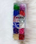Divided case of assorted Czech glass beads, Soft Delight, in green, blue, red, purple and pink