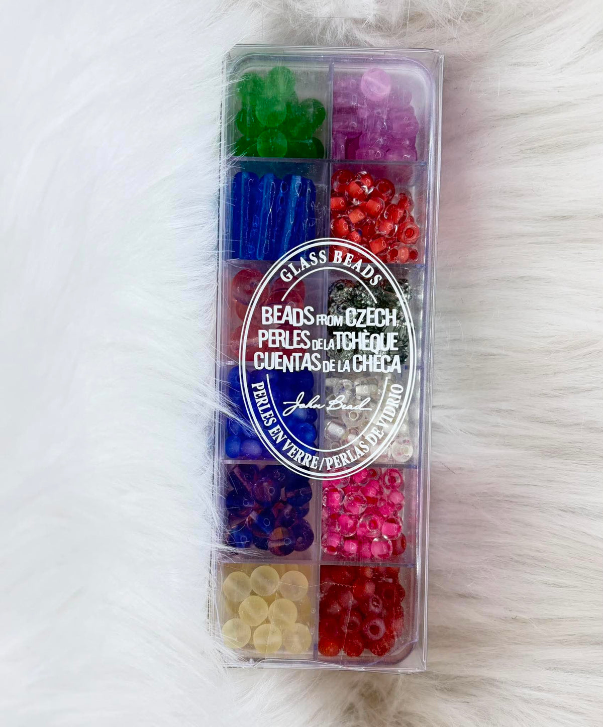 Divided case of assorted Czech glass beads, Soft Delight, in green, blue, red, purple and pink