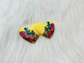 Pair of 37mm yellow resin heart cabochons (cabs) with a kokum floral design of pink roses and blue flowers