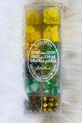 Divided case of assorted Czech glass beads, Citrus Sparkles, in yellows, greens and gold