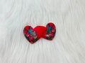 Pair of 37mm red resin heart cabochons (cabs) with a kokum floral design of pink roses and blue flowers