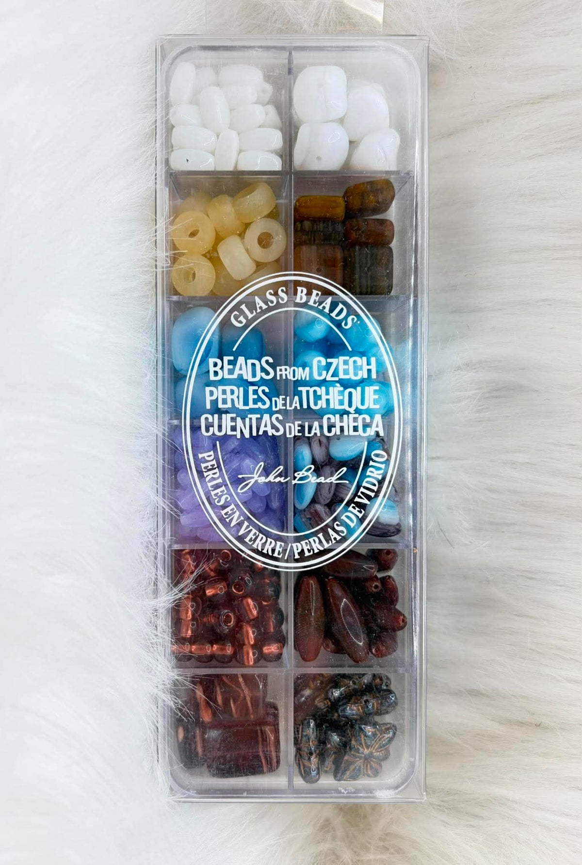 Divided case of assorted Czech glass beads, Day Of Joy, in white, blue, purple and brown