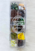Divided case of assorted Czech glass beads, Mystical Forest, in greens, browns, olive and cream