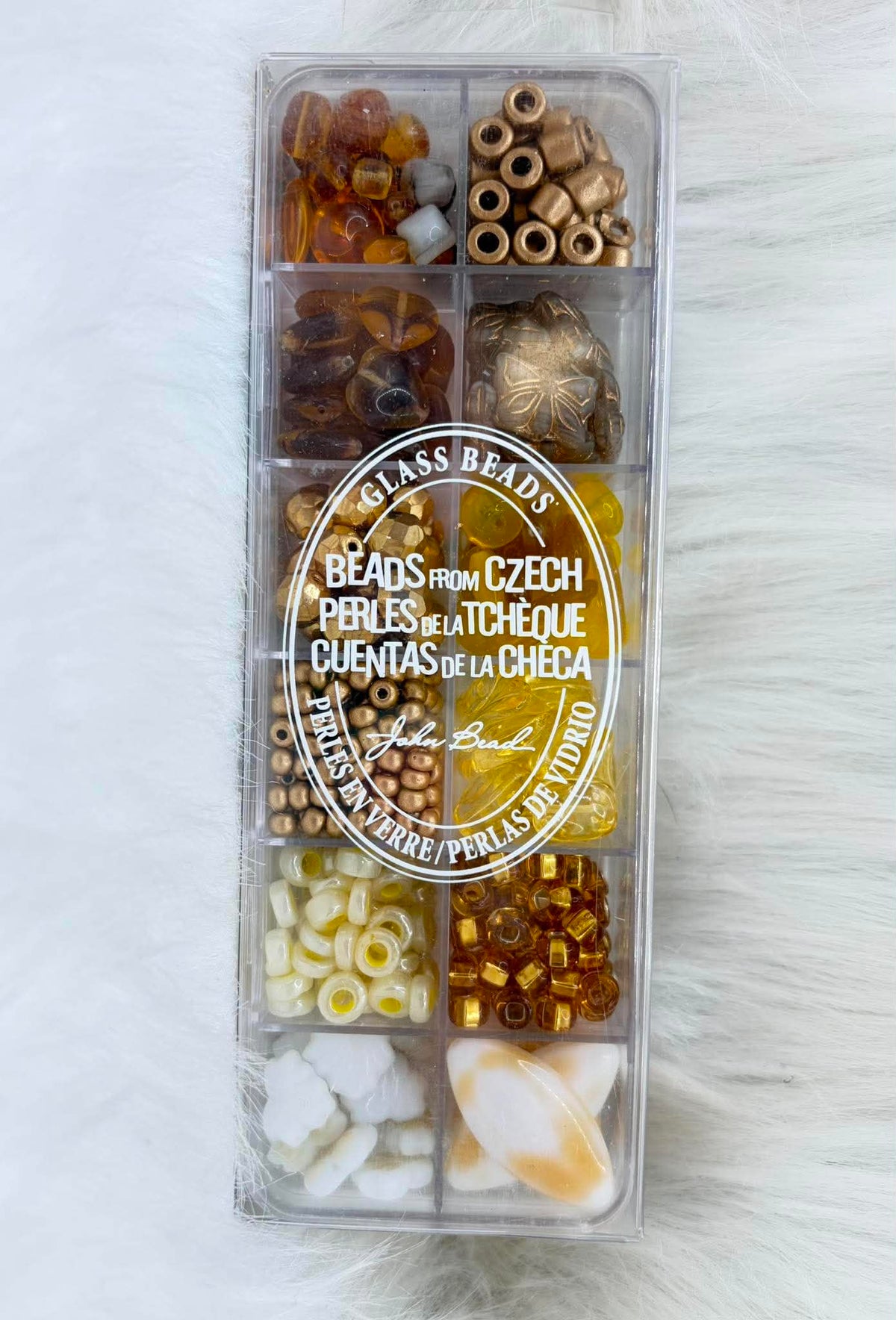 Divided case of assorted Czech glass beads, Gold Gravel, in browns, golds, cream and white
