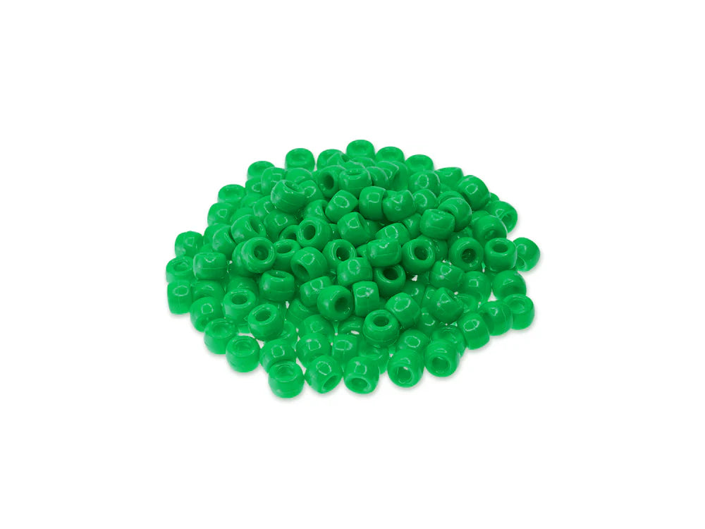 Pile of 6 x 9mm plastic pony beads in kelly green on a white background