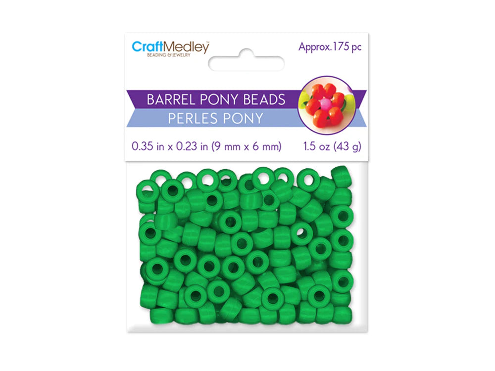 Sealed retail bag of 175 plastic 6 x 9mm pony beads in kelly green