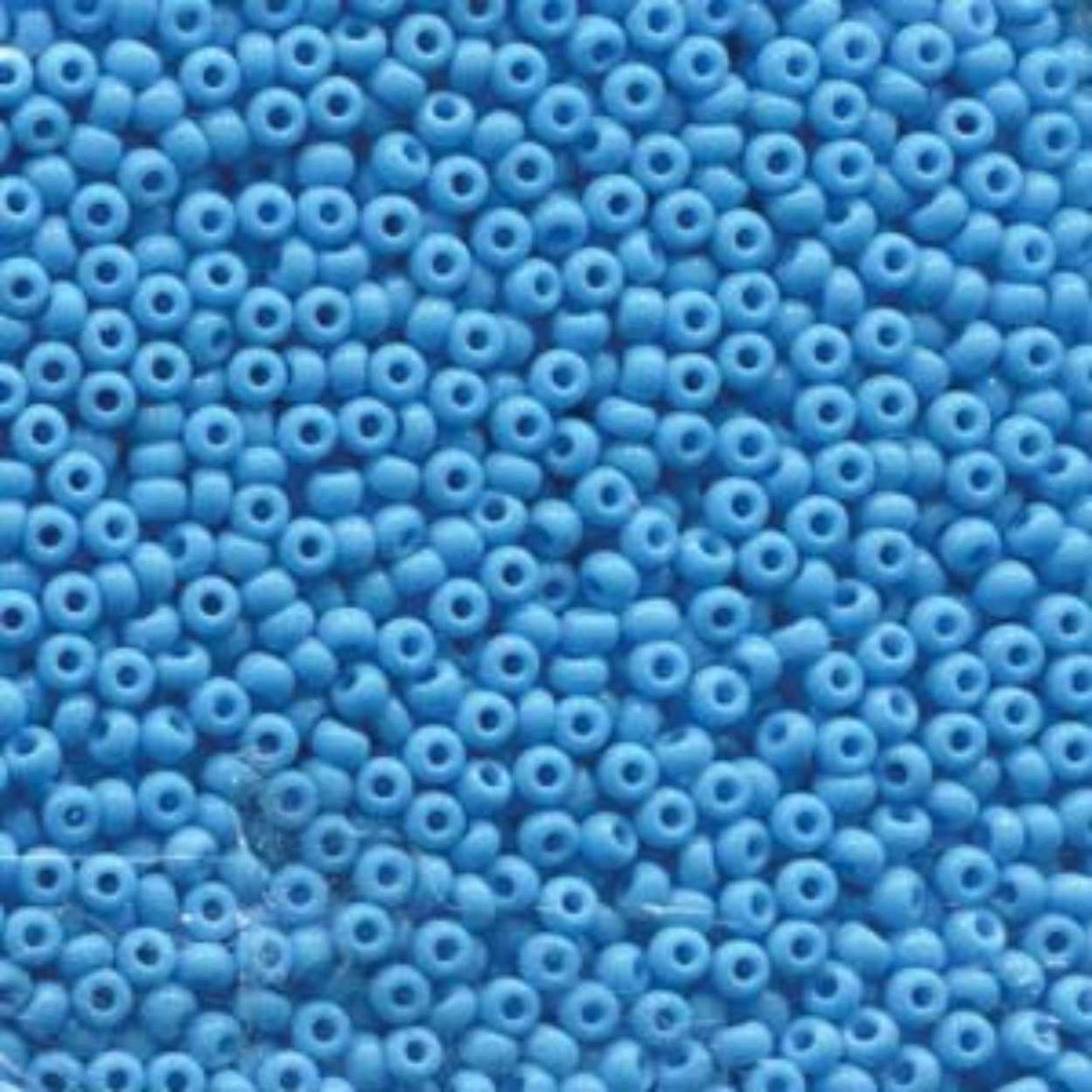Close-up of Preciosa 11/0 Czech glass seed beads in opaque light blue
