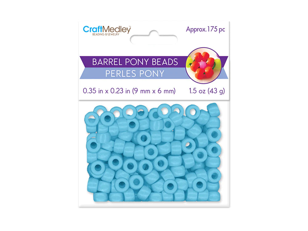 Sealed retail bag of 175 plastic 6 x 9mm pony beads in light blue