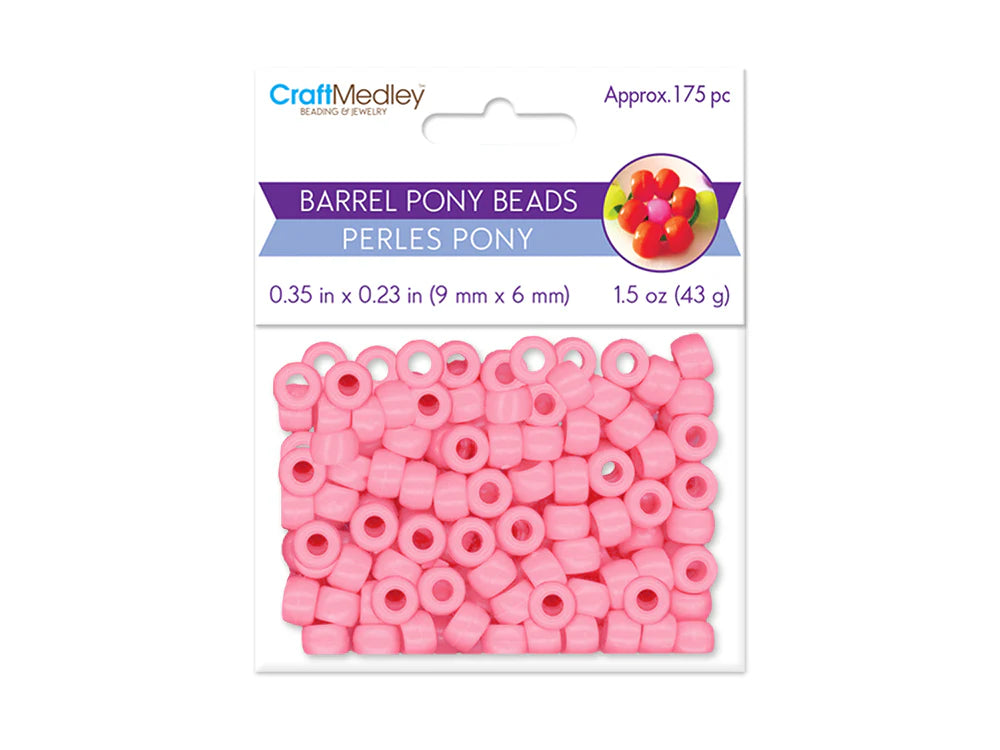 Sealed retail bag of 175 plastic 6 x 9mm pony beads in light pink