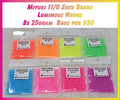 Eight 25g bags of 11/0 luminous neon seed beads in orange, peach, yellow, green, blue, pink, hot pink and magenta
