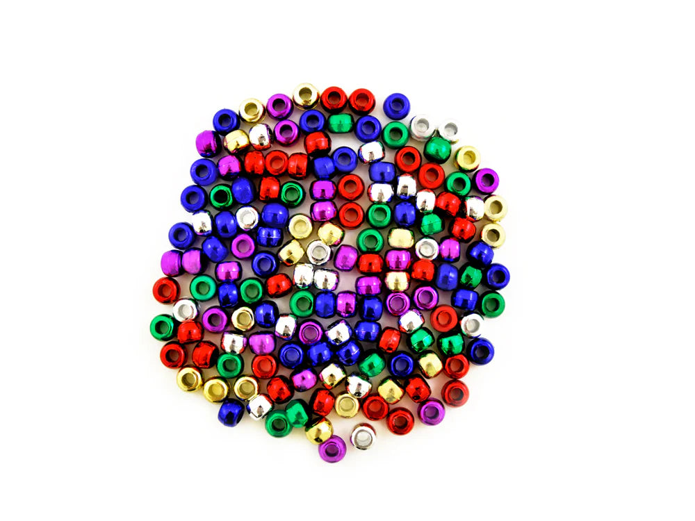 Pile of 6 x 9mm plastic pony beads in metallic mixed colours