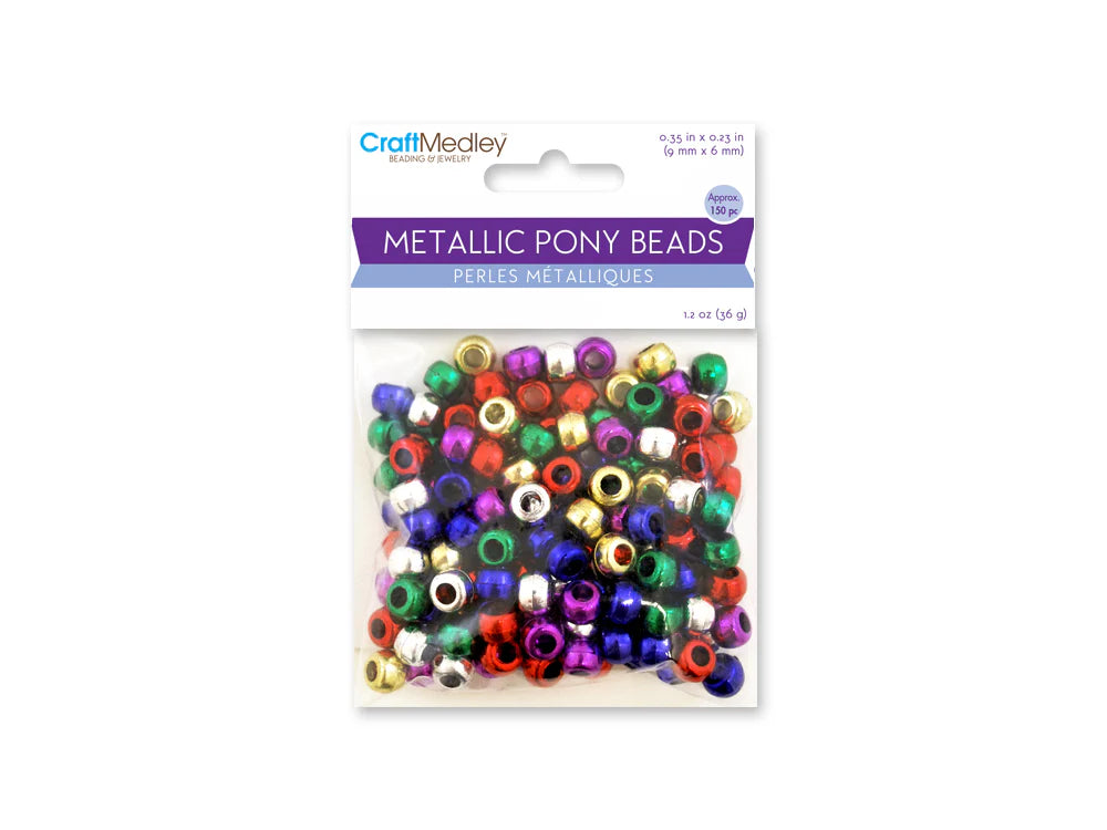 Sealed retail bag of 150 plastic 6 x 9mm pony beads in metallic mixed colours