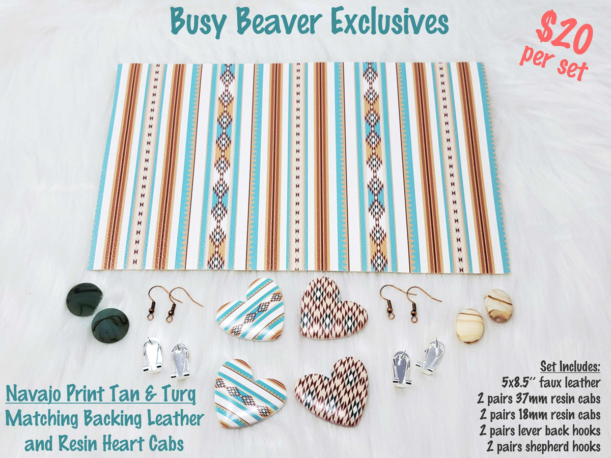 5 x 8.5 inch tan and turquoise Navajo print faux leather with matching 37mm heart and 18mm resin cabochons (cabs) and hooks