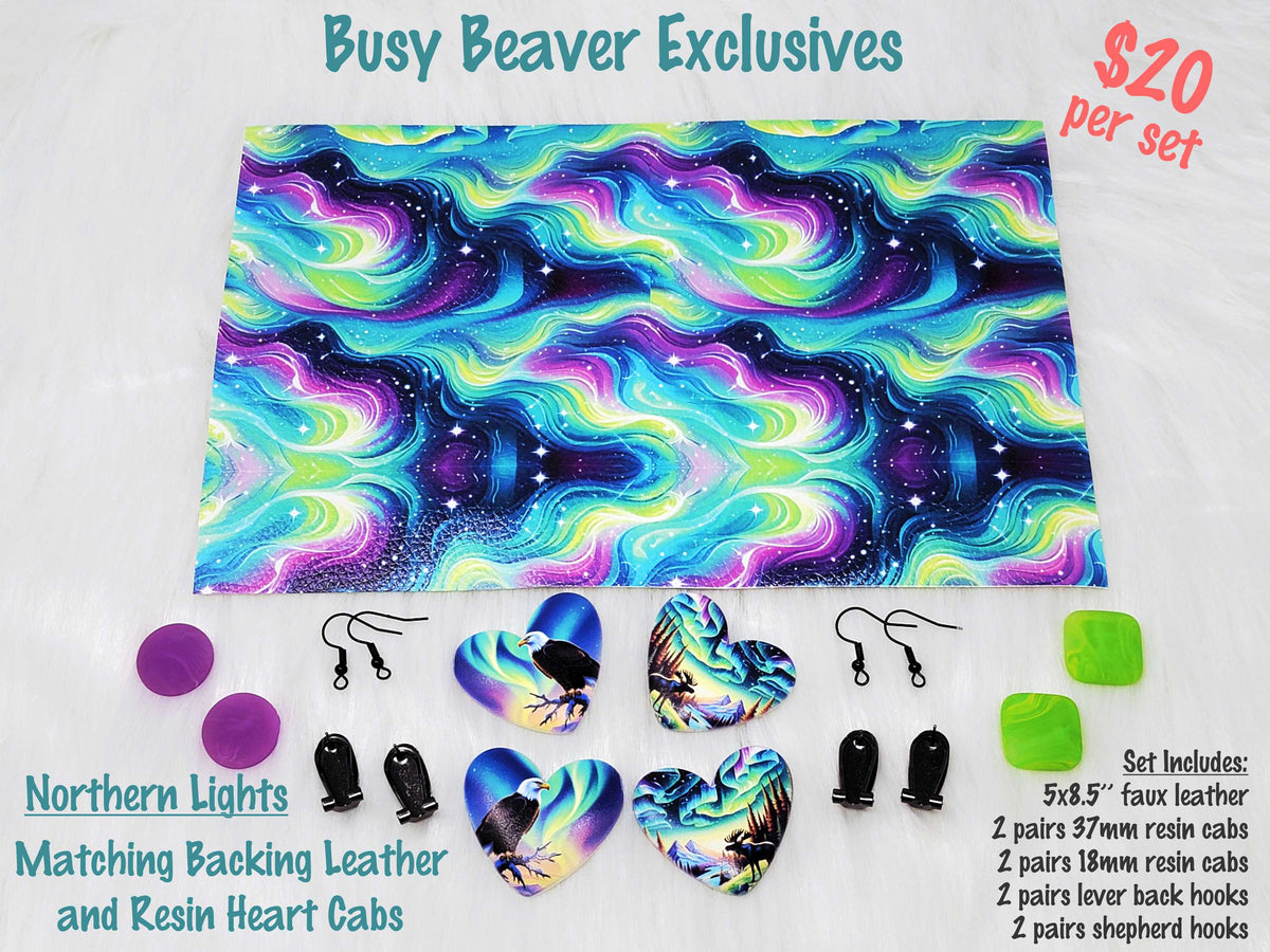 5 x 8.5 inch northern lights faux leather with matching 37mm heart and 18mm resin cabochons (cabs) and hooks