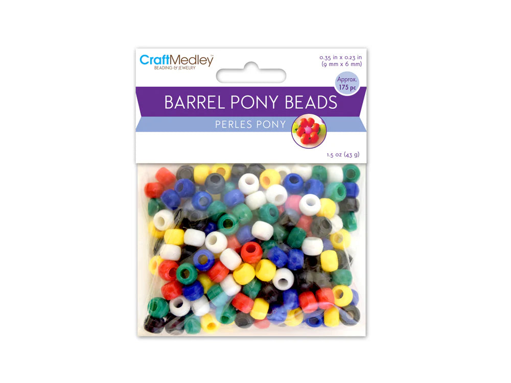 Sealed retail bag of 175 plastic 6 x 9mm pony beads in mixed opaque colours