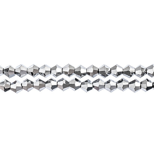 Two strands of Crystal Lane 4mm faceted glass bicone beads in opaque silver iris
