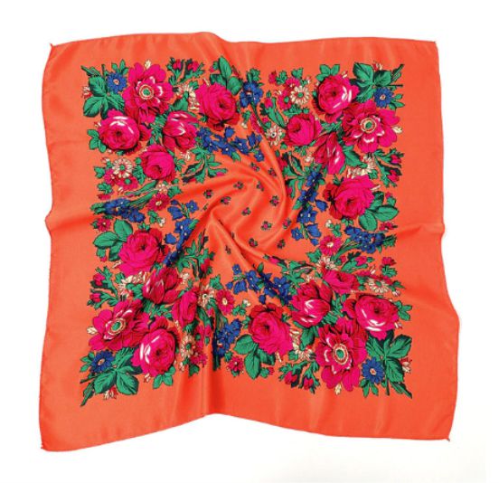 27 x 27 inch orange kokum scarf laid flat with a border of pink roses, blue flowers and green leaves