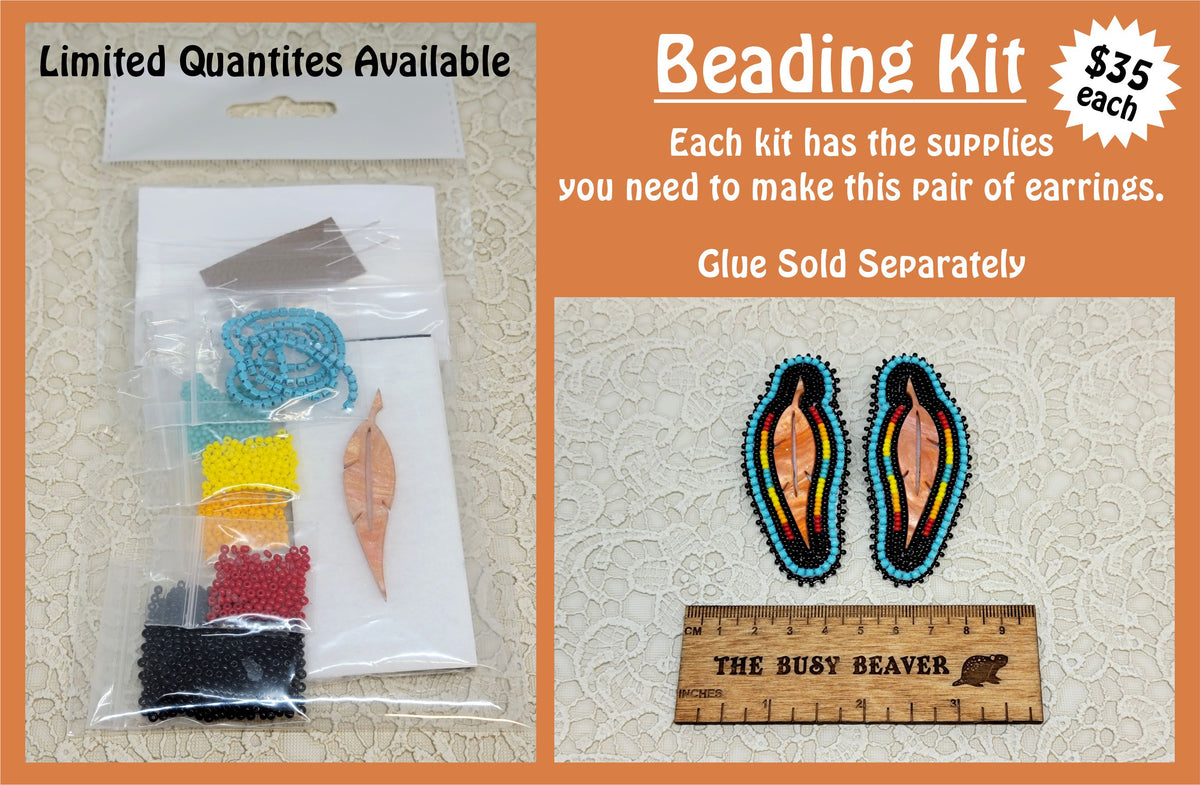 Beading kit bag of beads and supplies beside the finished orange feather earrings it makes, with a ruler