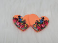 Pair of 37mm matte orange resin heart cabochons (cabs) with a kokum floral design of pink roses and blue flowers