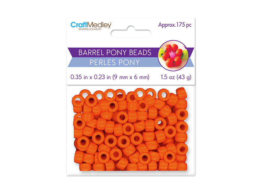 Sealed retail bag of 175 plastic 6 x 9mm pony beads in orange