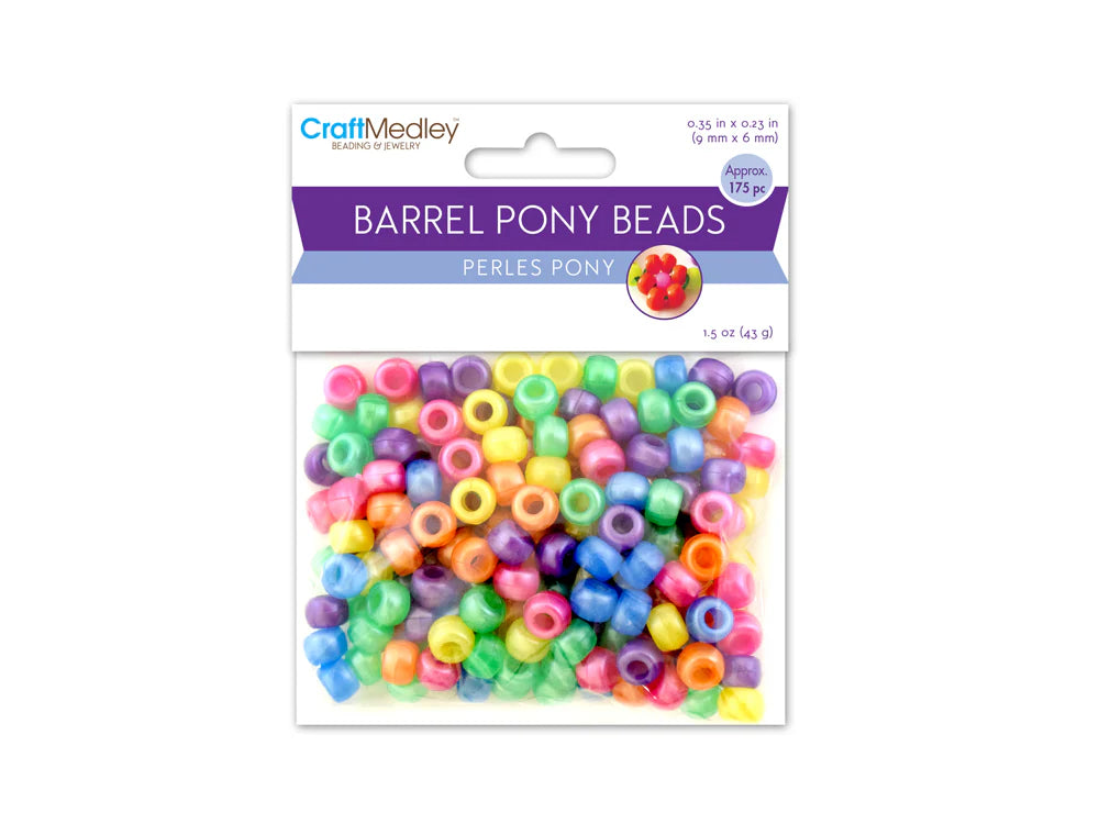 Sealed retail bag of 175 plastic 6 x 9mm pony beads in pastel pearl colours