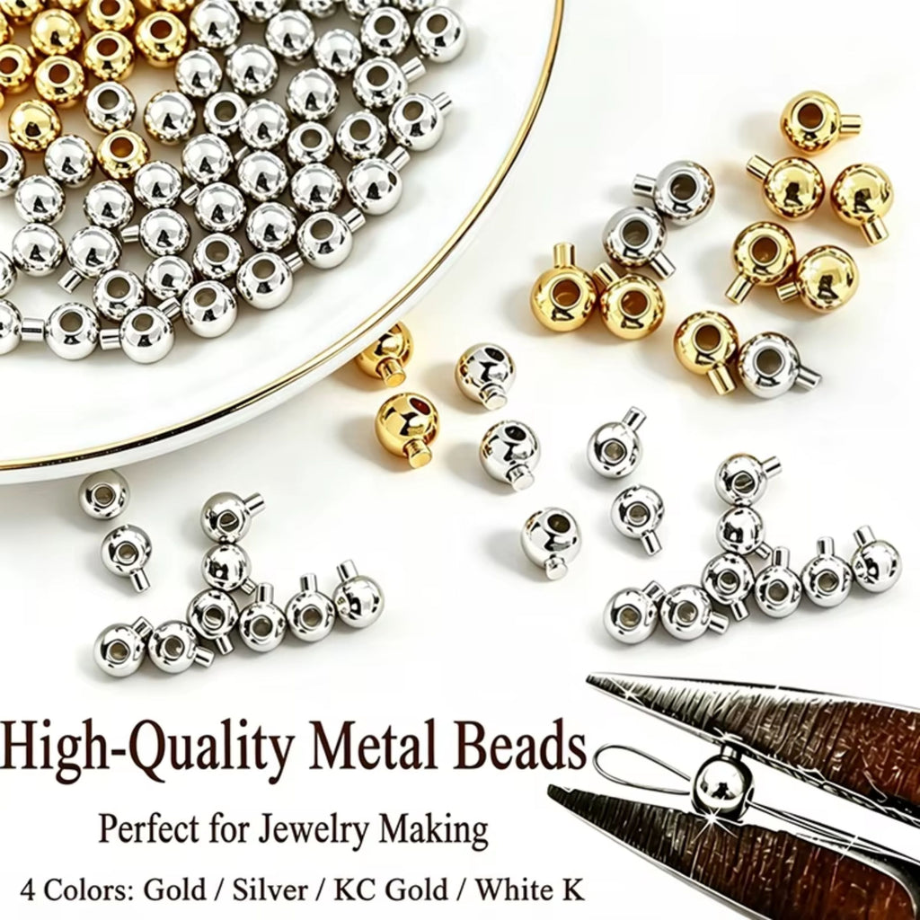 Mixed stopper crimp beads with 'High-Quality Metal Beads' text and a pair of pliers