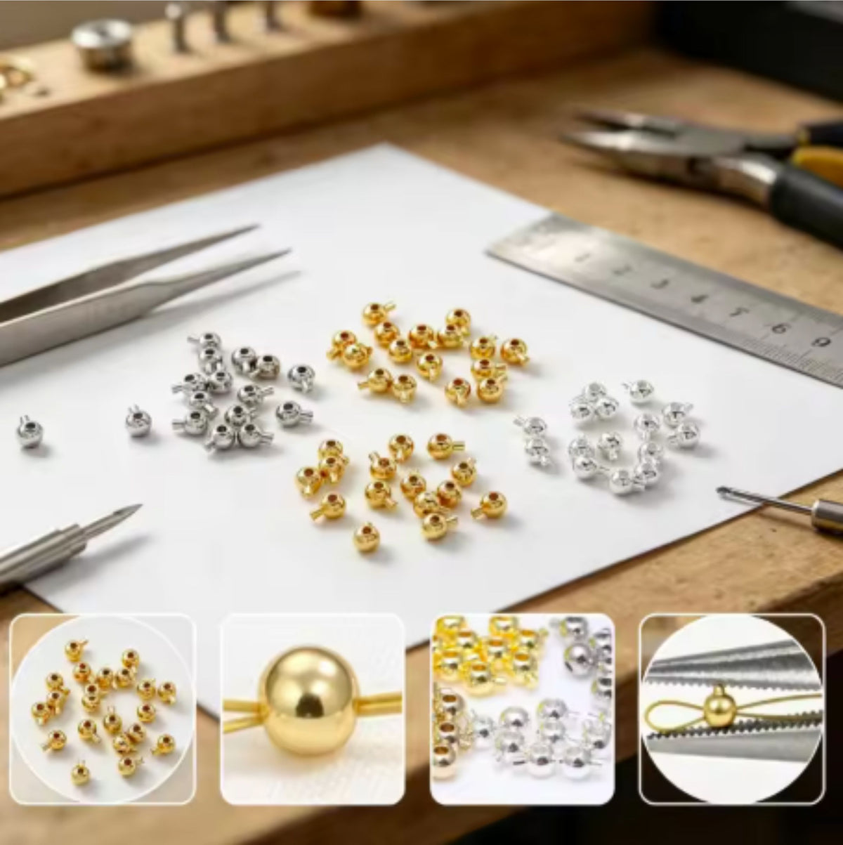 Collage of stopper crimp beads in gold, silver, KC gold and rhodium with close-ups