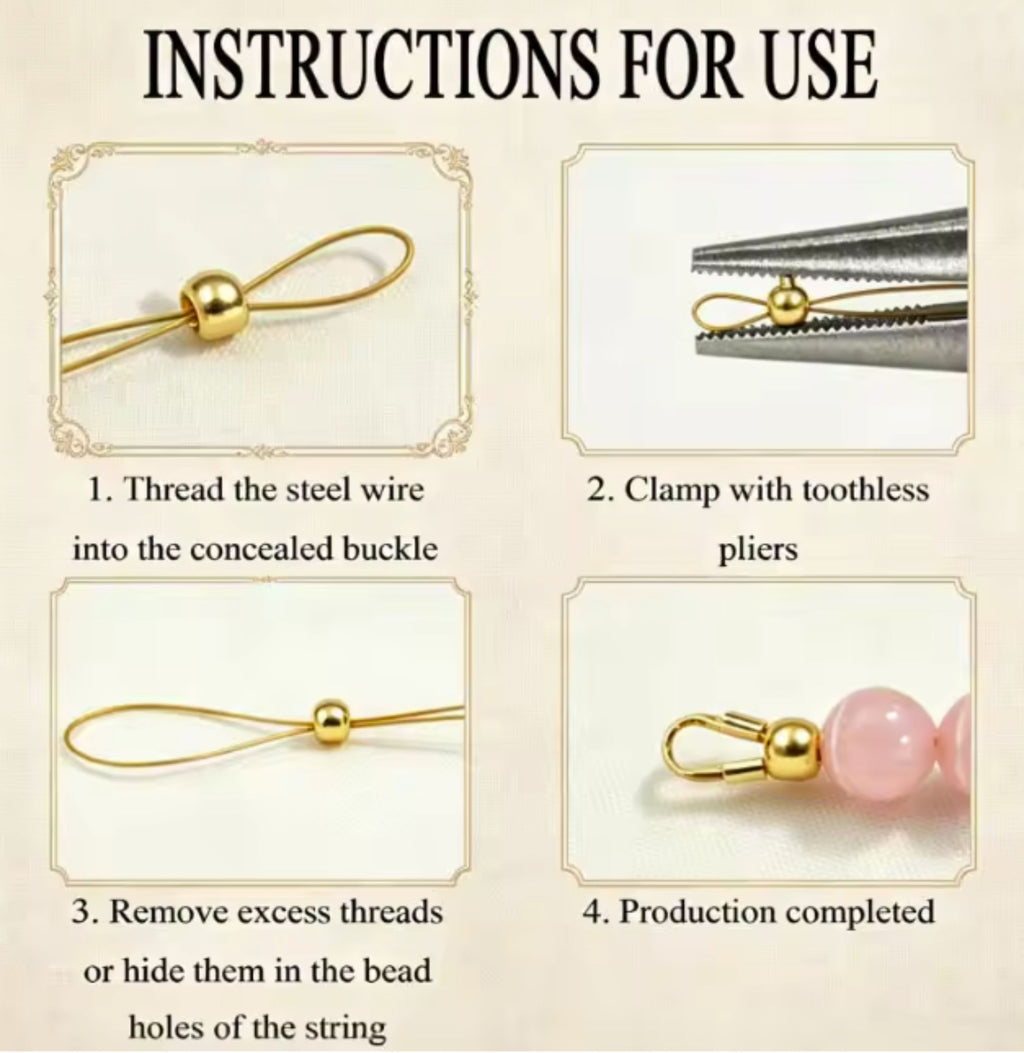 Instructions for using stopper crimps, from threading to clamping with pliers