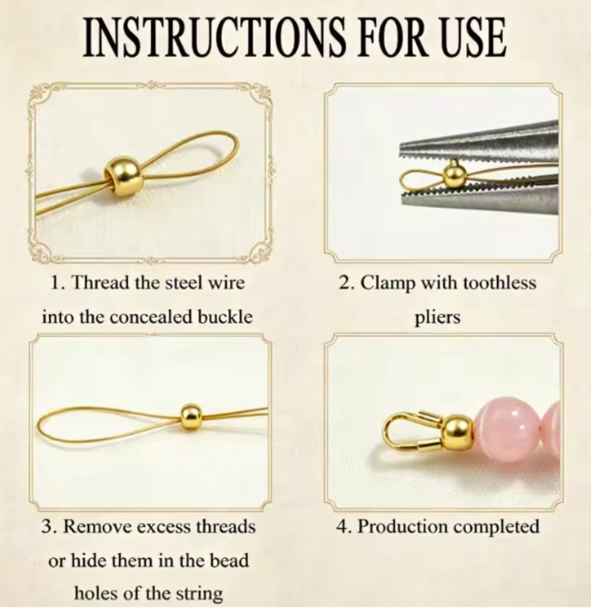 Instructions for using stopper crimps, from threading to clamping with pliers