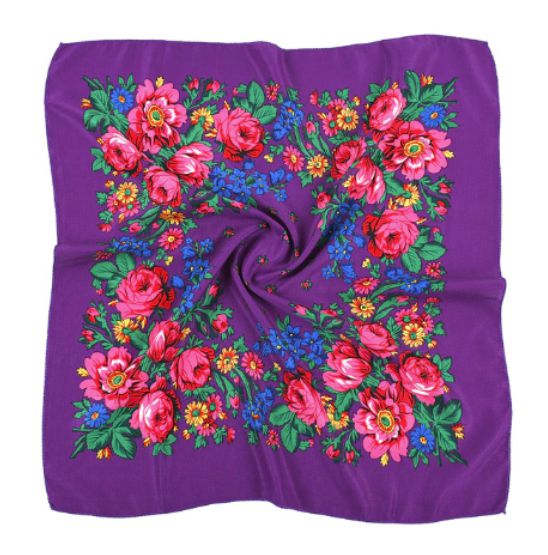 27 x 27 inch purple kokum scarf laid flat with a border of pink roses, blue flowers and green leaves