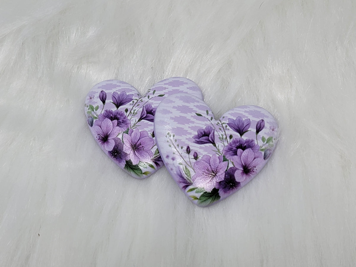 Pair of 37mm resin heart cabochons (cabs) in lilac with purple flowers